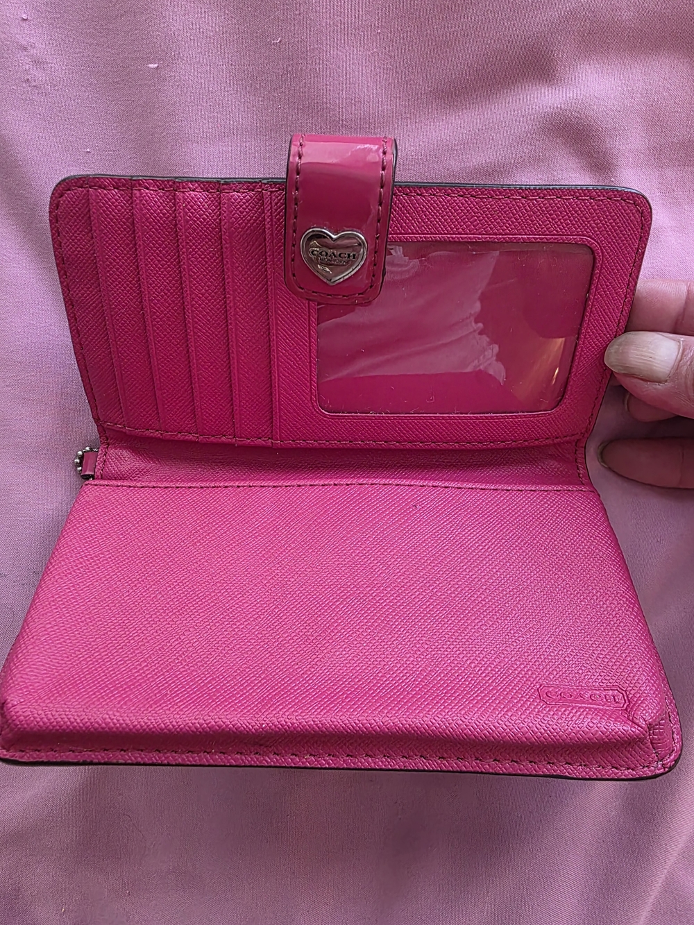 Coach Pink Signature Embossed Wallet with Heart Charm - Picture 3 of 8